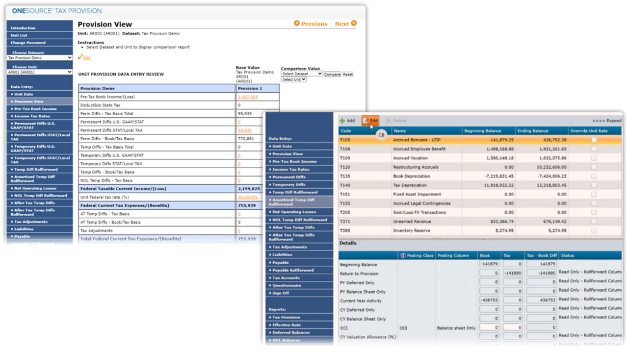 Calculation engine — automated tax calculations and NOL/valuation allowance management